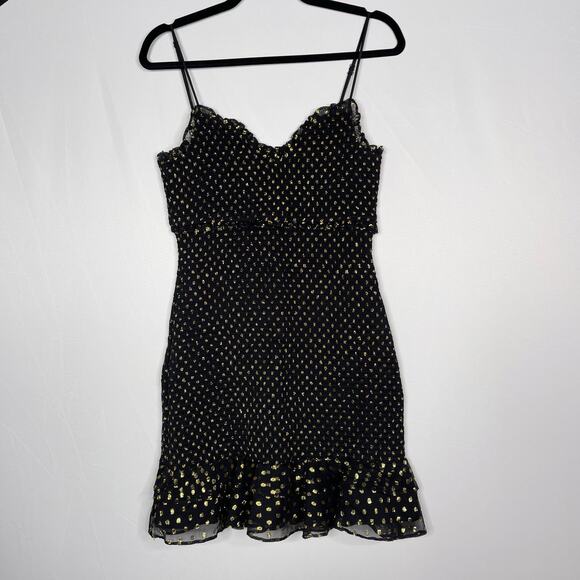 Likely Size 10 Black Gold Zephra Metallic Dot Print Ruffle Mini Dress Cocktail - Picture 1 of 12